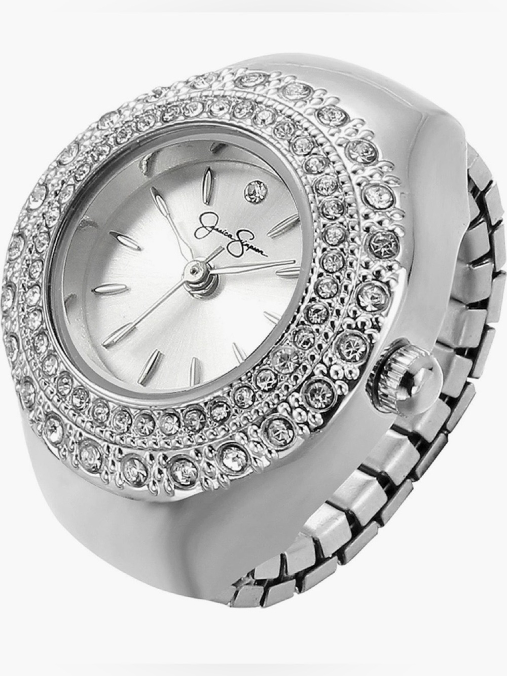 Jessica Simpson Silver Crystal Accent Ring Watch